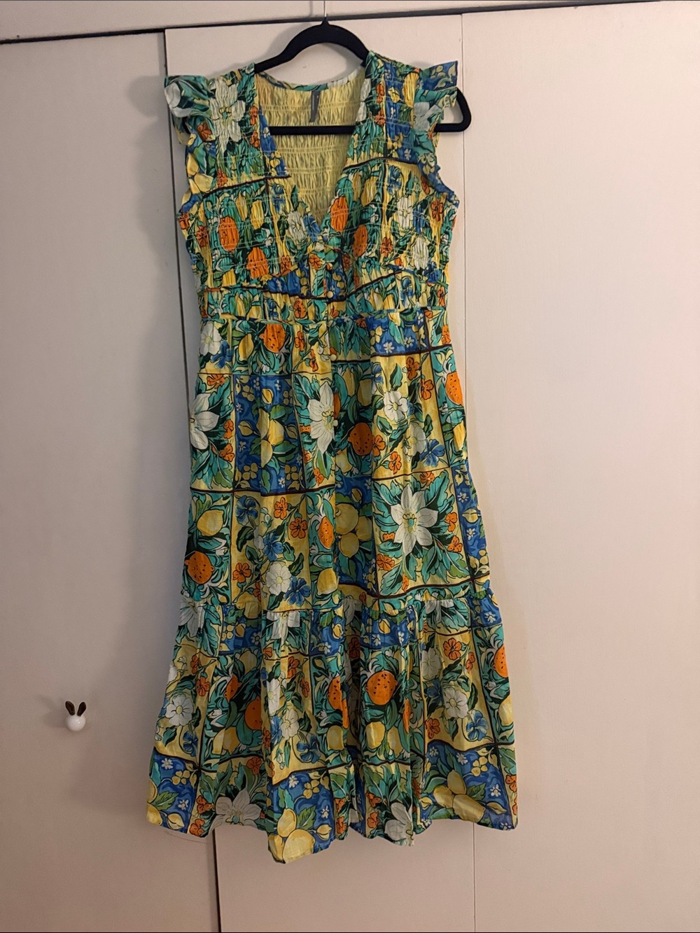 Anthropologie Yellow, Blue & Green Floral Citrus Maxi Dress
